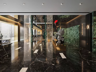 Elegant Restaurant Lobby With Marble Floor Green Plant Wall And Modern Decorations 3d model