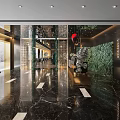 Elegant Restaurant Lobby With Marble Floor Green Plant Wall And Modern Decorations
