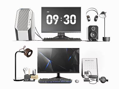 Gaming PC Setup With Illuminated Monitor Keyboard Mouse Headphones Speakers Desk Lamp And Calendar 3d model