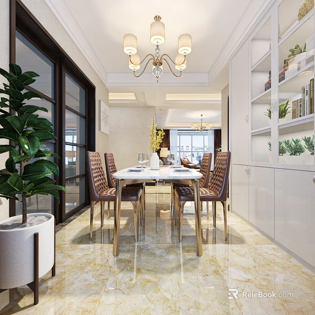 Bright Elegant Dining Room With White Table Brown Chairs Chandelier And Green Plants 3d model 