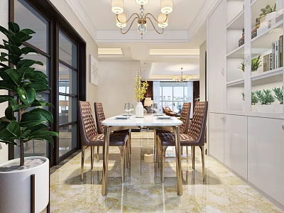 Bright Elegant Dining Room With White Table Brown Chairs Chandelier And Green Plants 3d model