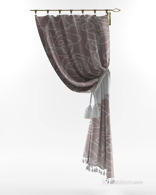 Elegant Gray Patterned Curtains With Tie Back And Tassel Accent 3d model 