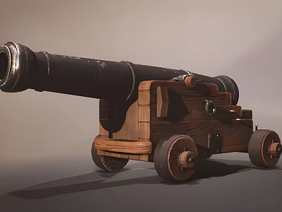 Vintage Cannon Weapon with Metal Barrel Wooden Carriage and Iron Wheels 3d model
