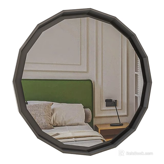 Octagonal Black Framed Mirror Reflects Bedroom With Green Headboard And Lamp 3d model 