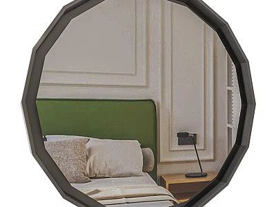 Octagonal Black Framed Mirror Reflects Bedroom With Green Headboard And Lamp 3d model