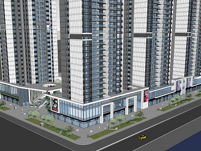 Modern High Rise Residential Buildings With Commercial Podium Glass Curtain Walls Greenery And Street Vehicles 3d model