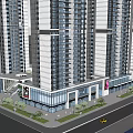 Modern High Rise Residential Buildings With Commercial Podium Glass Curtain Walls Greenery And Street Vehicles