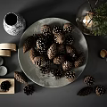 Decorative Ornament Set With Pine Cones Candles Evergreen Branches And Marble Bowl