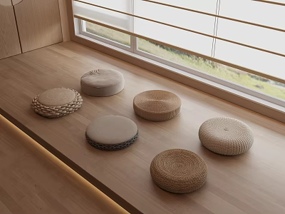 Round Woven Stools On Wooden Floor Near Window In Modern Minimalist Indoor Space 3d model