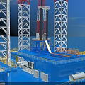 Industrial Offshore Drilling Platform With Tall Towers Yellow Cranes And Marine Structure