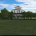 Modern Tower with Open Platform Design on Green Lawn Surrounded by Trees Under Blue Sky