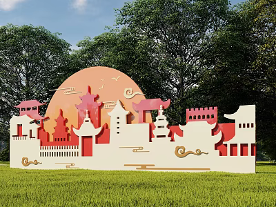 Traditional Architectural Silhouette Sculpture With Orange Background And Red White Design In Park Grassland 3d model