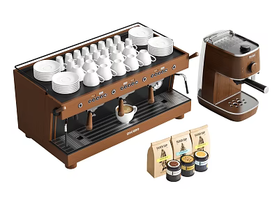 Modern Kitchen Coffee Machine With White Cups Saucers And Coffee Pods 3d model