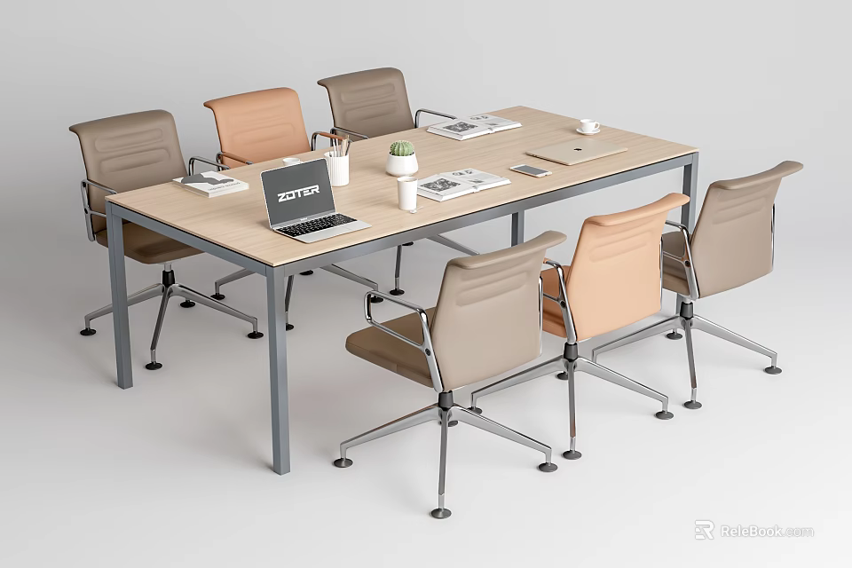 Modern Conference Table Setup With Multiple Chairs Laptop Documents Cup and Plant 3d model