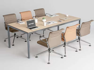 Modern Conference Table Setup With Multiple Chairs Laptop Documents Cup and Plant 3d model