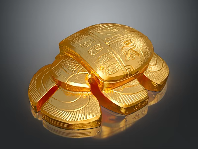 Carved Golden Turtle Sculpture with Intricate Details and Surrounding Gold Coins 3d model