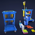 Blue Cleaning Carts With Brooms Spray Bottles Buckets And Cleaning Supplies