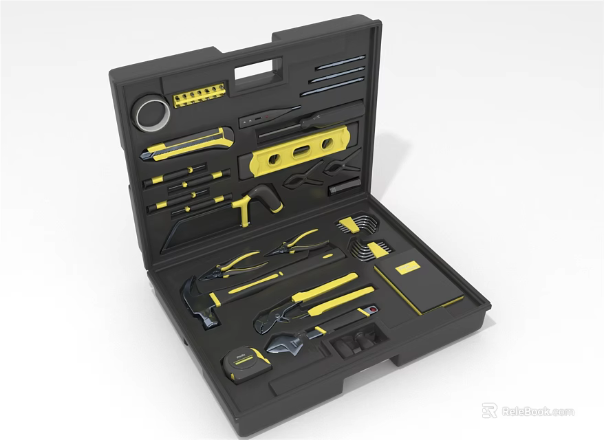Black Portable Hardware Tool Kit With Yellow And Black Wrenches Hammers Pliers 3d model 