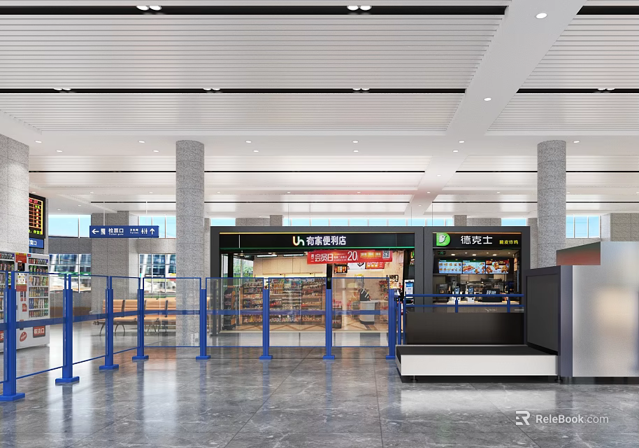 Modern Railway Station Interior With Spacious Waiting Area Blue Railings And Retail Shops 3d model 