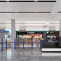 Modern Railway Station Interior With Spacious Waiting Area Blue Railings And Retail Shops