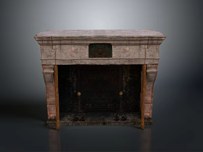 Traditional Carved Marble Fireplace With Mantel Metal Panel And Knobs 3d model