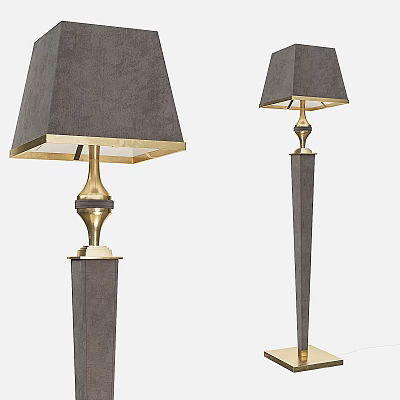 Elegant Modern Floor Lamps With Dark Columns And Gray Square Fabric Shades 3d model
