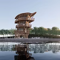 Modern Wooden Spiral Tower By Waterfront With Trees And Clear Reflection Design