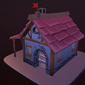 Cartoon Scene of Small House With Red Roof Chimney Small Flag Porch and Wooden Barrel