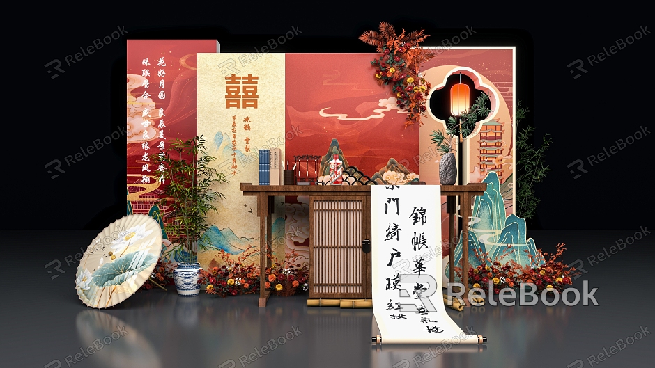 Chinese Wedding Meichen Endating Banquet Meichen Wedding Photo Wall One-year-old Banquet Wedding Sign-in Area Bamboo Sign-in Table Scroll Oil Paper Umbrella Lantern Chinese Beauty model