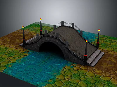 3D Model of Stone Arch Bridge With Lamp Posts Over Water And Textured Ground 3d model