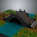 3D Model of Stone Arch Bridge With Lamp Posts Over Water And Textured Ground