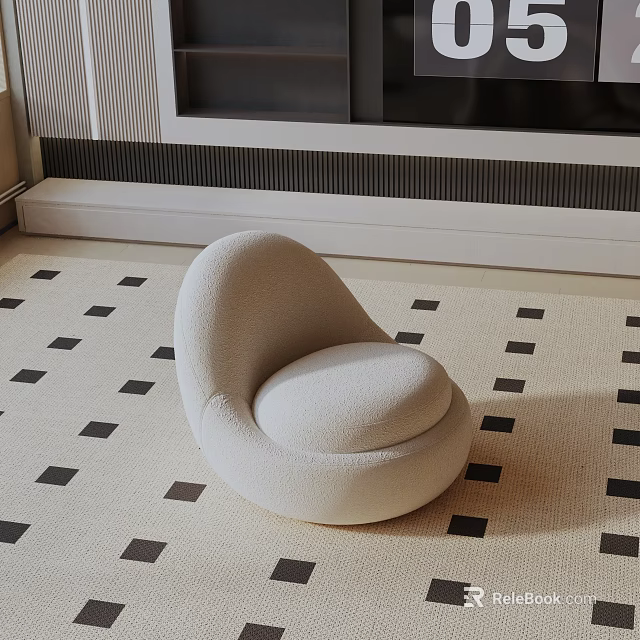 Modern Cream Plush Accent Chair With Rounded Design On Black White Checkered Rug 3d model 