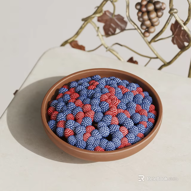 Vibrant Red And Blue Berries In Brown Bowl On Light Tabletop With Twigs And Leaves 3d model 