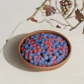 Vibrant Red And Blue Berries In Brown Bowl On Light Tabletop With Twigs And Leaves