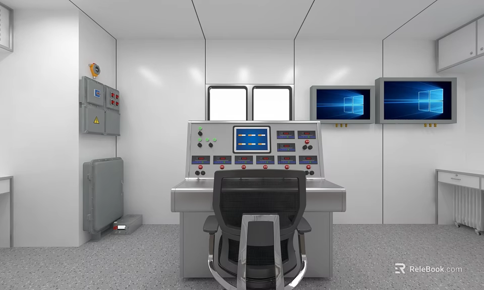 Modern Control Room Interior Featuring Control Panel Multiple Monitors Chair And Gauges 3d model 