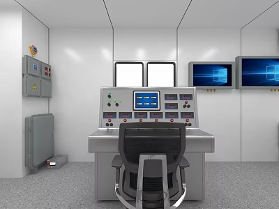 Modern Control Room Interior Featuring Control Panel Multiple Monitors Chair And Gauges 3d model