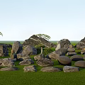 Garden Ornaments Featuring Statue Figures On Large Rocks With Green Grass And Palm Tree