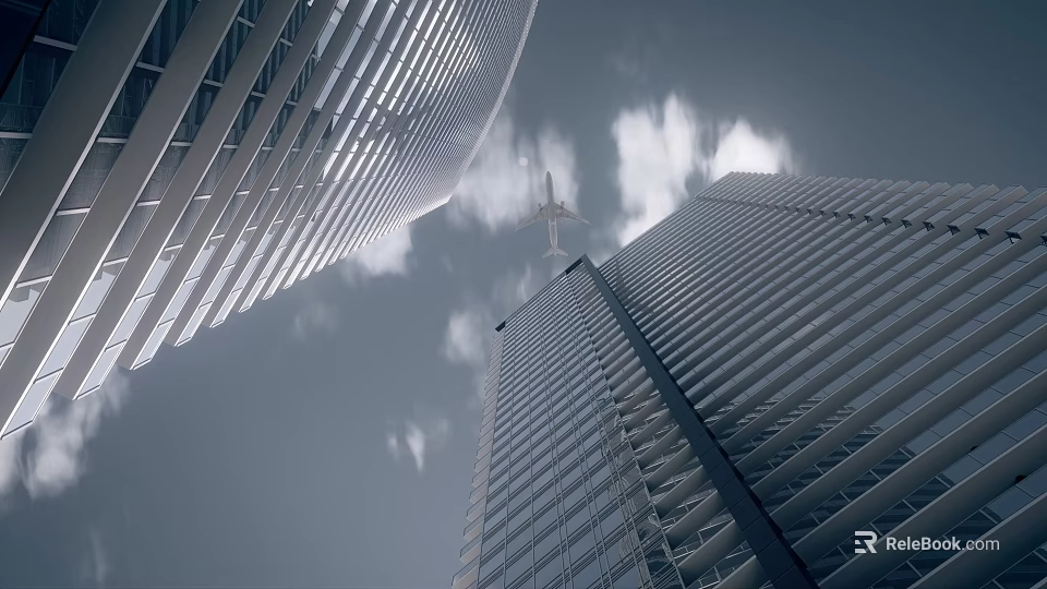 Airliner Flying Between Two Modern Skyscrapers In Sky With Clouds 3d model 