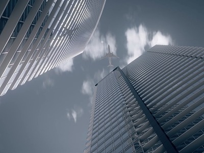 The plane flew over the building commercial office building model