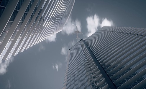 The plane flew over the building commercial office building 3d model