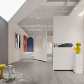 Modern Mall Store Interior With Red Wall White Steps Yellow Chairs Gray Sofa And Artwork