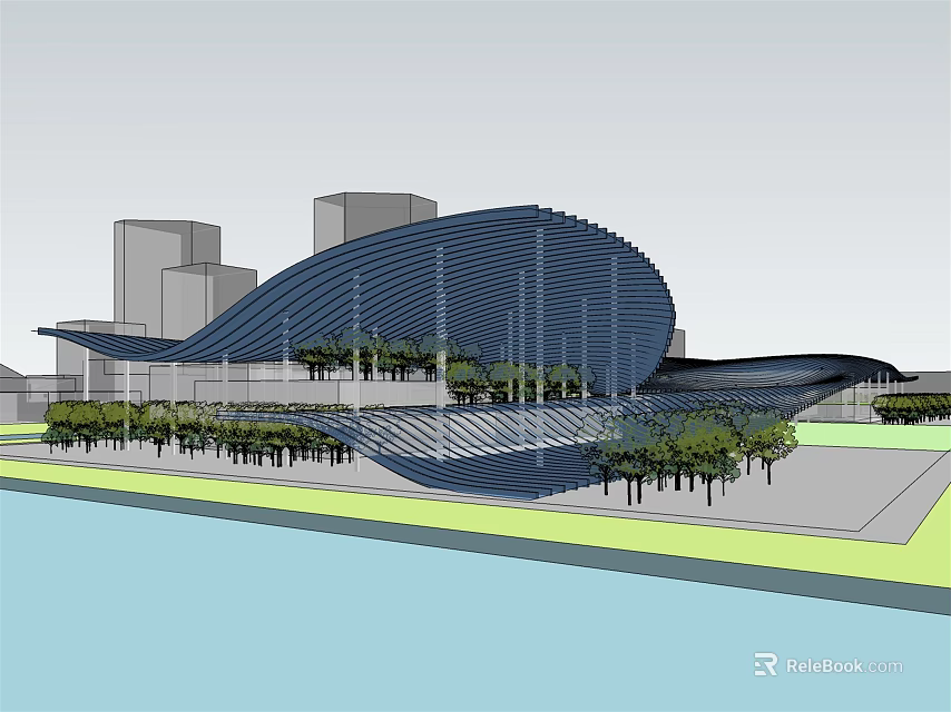 Modern Public Building With Wavy Roof Design Surrounded By Trees Waterfront And City Skyline 3d model 
