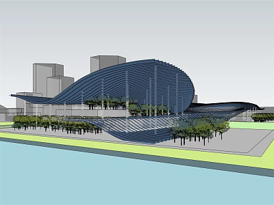 Modern Public Building With Wavy Roof Design Surrounded By Trees Waterfront And City Skyline 3d model