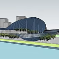 Modern Public Building With Wavy Roof Design Surrounded By Trees Waterfront And City Skyline