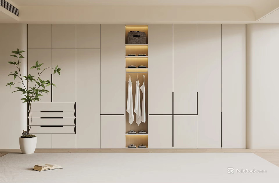 Modern White Wardrobe Interior Featuring Open Storage Design Clothing Hanging Area Drawers And LED Lighting 3d model 
