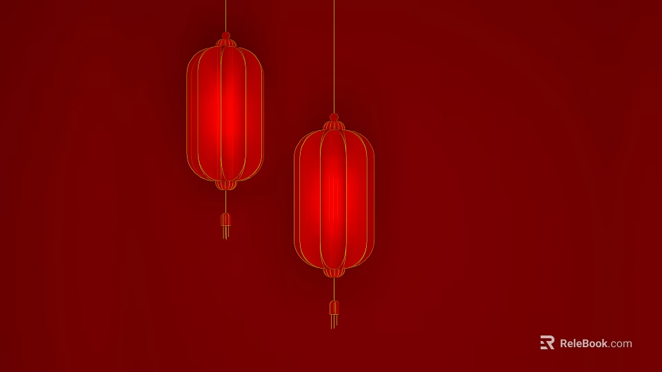 Two Traditional Red Lanterns Hanging On Red Background With Golden Decorative Lines 3d model 