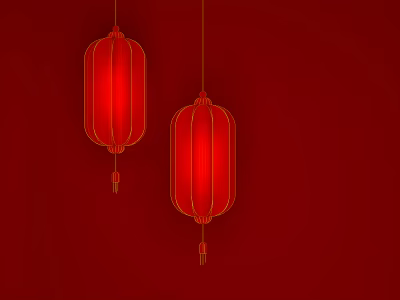 Two Traditional Red Lanterns Hanging On Red Background With Golden Decorative Lines 3d model