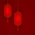Two Traditional Red Lanterns Hanging On Red Background With Golden Decorative Lines