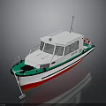 Small Modern White Cabin Boat With Red Bottom Green Railings And Lifebuoy