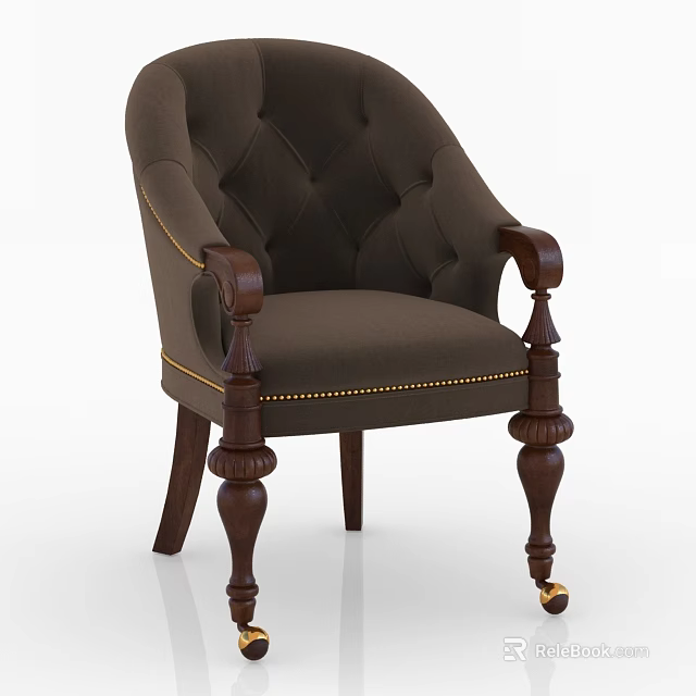 Brown Tufted Armchair With Wooden Carved Arms And Gold Nailhead Trim 3d model 